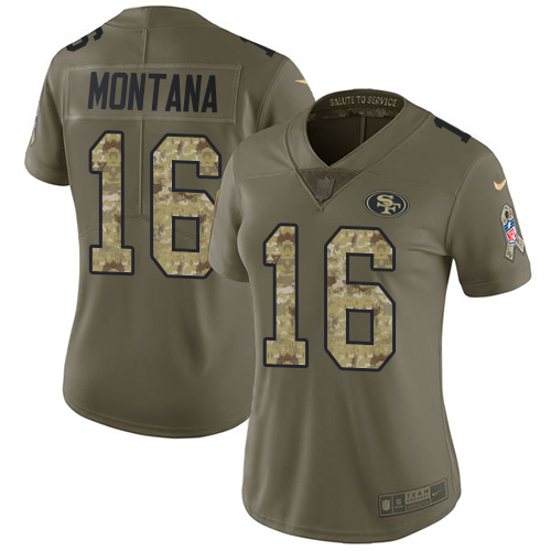 Nike 49ers #16 Joe Montana Olive/Camo Women's Stitched NFL Limited Salute to Service Jersey - Click Image to Close